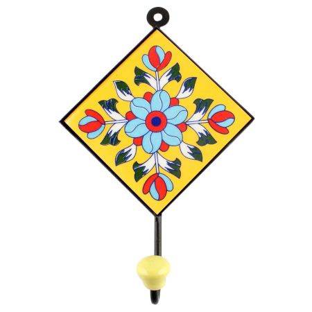 Yellow Base Turquoise Sunflower Ceramic Tile Hook 